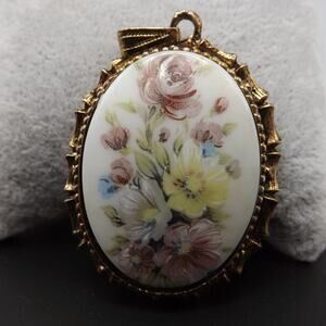 Vintage Floral Porcelain Oval Pendant, Bamboo Design Frame, No Chain, 2 3/8 Inch